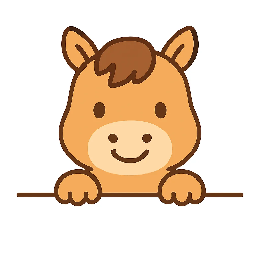 かわいい下からひょっこり馬のイラスト｜茶色の馬が下からひょっこりと顔を出し、優しく微笑む姿が愛らしい一枚。丸みのある輪郭と控えめな色合いで、落ち着きのある穏やかな雰囲気を醸し出しています。
