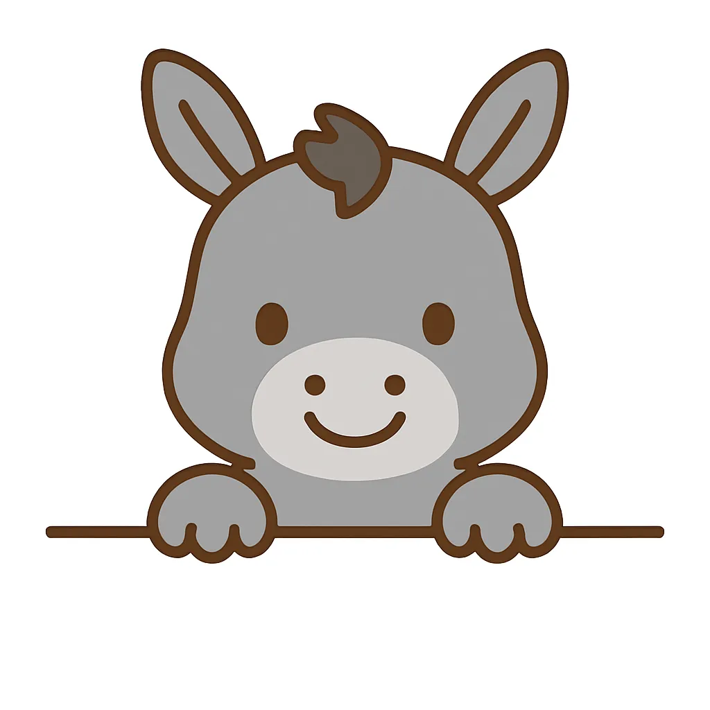かわいい下からひょっこりロバのイラスト｜グレーのロバがにっこりと顔を出すイラスト。大きな耳と親しみやすい表情が特徴で、控えめながらも誠実で優しい性格を感じさせるデザインです。