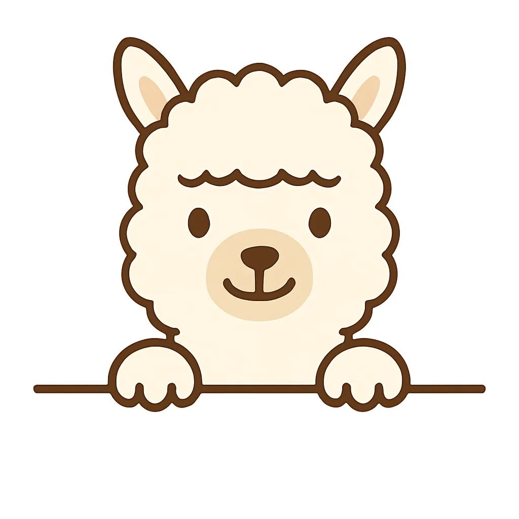 かわいい下からひょっこりアルパカのイラスト｜ふわふわの毛並みが印象的なアルパカがひょっこり登場。オフホワイトの優しい色味と丸みを帯びたフォルムが、癒しと安心感を与えるイラストです。