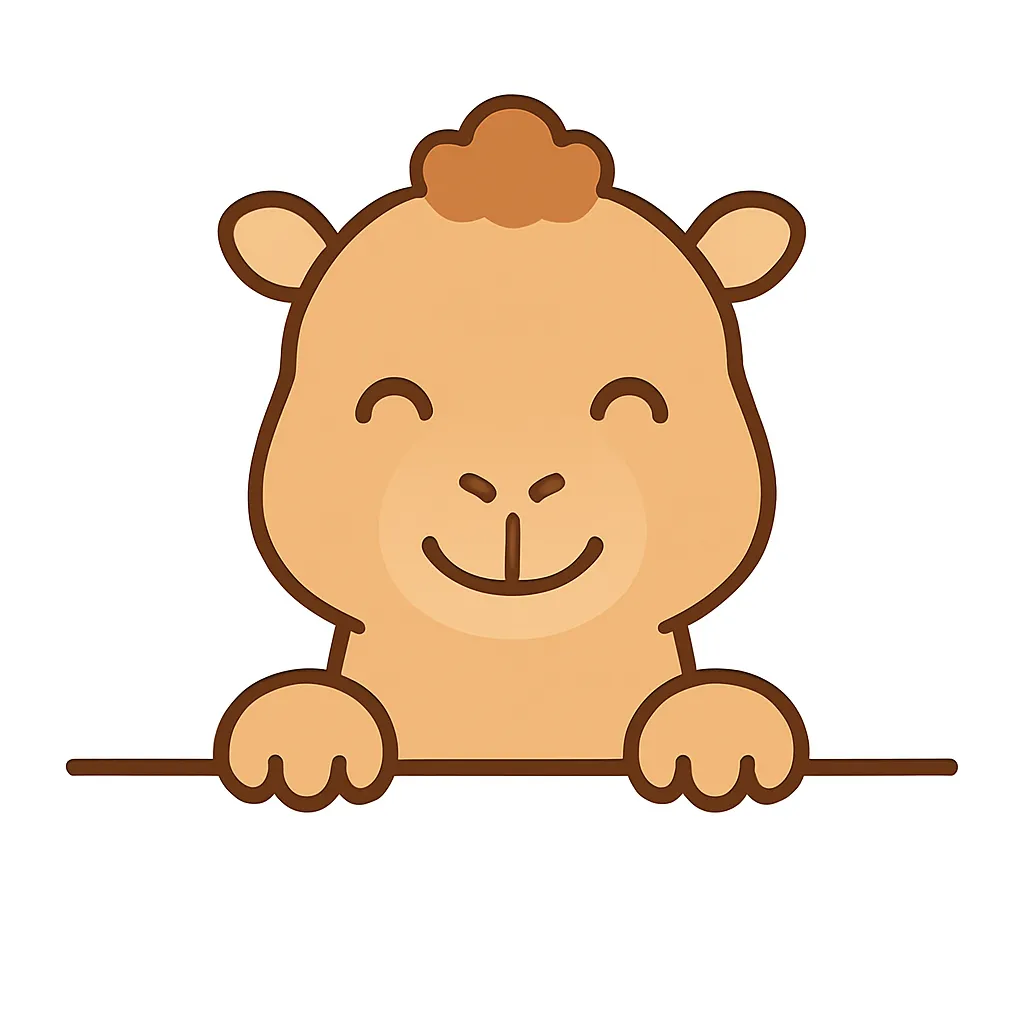 かわいい下からひょっこりラクダのイラスト｜まあるい顔立ちと穏やかな目元が特徴のラクダが、にこやかに登場。温かみのあるブラウン系の色合いと落ち着いた雰囲気がほっこり感を引き立てます。