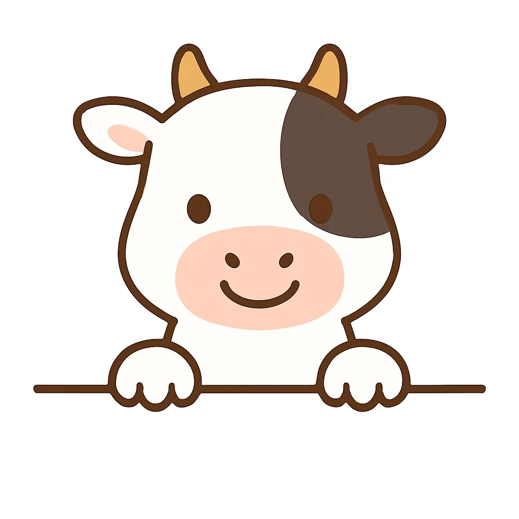 かわいい下からひょっこり牛のイラスト｜白地に黒の斑模様がかわいらしい牛がにっこりひょっこり登場。やわらかいピンクの口元がアクセントとなり、安心感と親しみやすさを感じさせます。