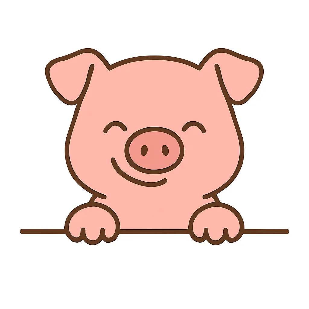 かわいい下からひょっこりぶたのイラスト｜ピンク色の丸っこい体に、にっこり笑顔が映えるぶたのイラスト。元気で無邪気な印象を与えるデザインで、見る人にポジティブな気持ちを届けてくれます。