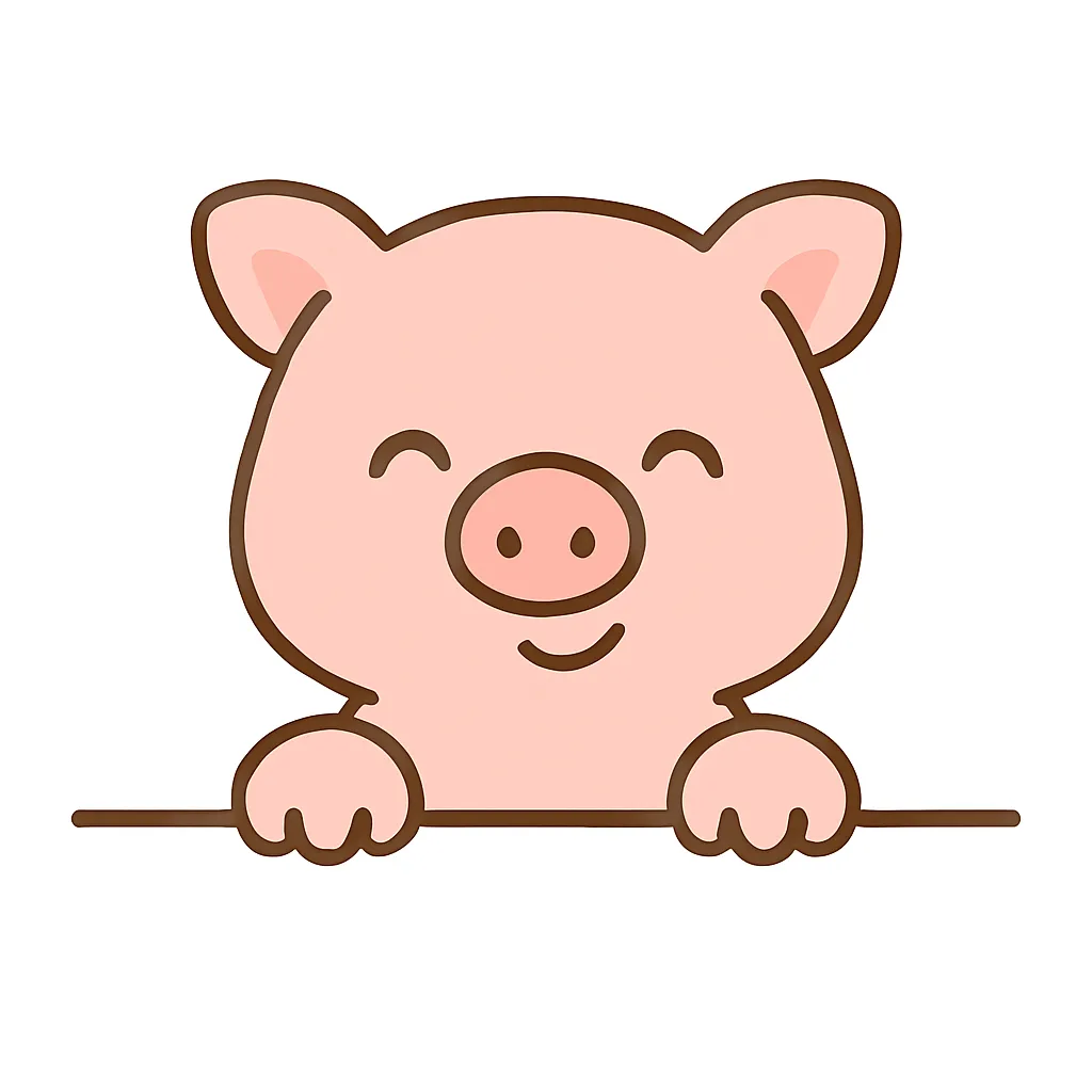 かわいい下からひょっこりこぶた｜やわらかなピンク色とシンプルな線で描かれたこぶたが、下からひょっこりと顔を出す愛らしいデザイン。にっこり笑顔が印象的で、見る人に安心感や親しみを与えるイラストです。温かみのある絵本のような雰囲気が魅力です。