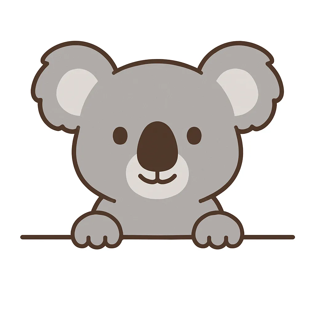 かわいい下からひょっこりコアラ｜グレーの優しい色合いで描かれたコアラが、下からひょっこりと登場。丸い耳や大きな鼻の形が特徴的で、のんびりとした穏やかさと安心感を与えてくれるデザインです。癒し系のキャラクターとしてぴったりです。