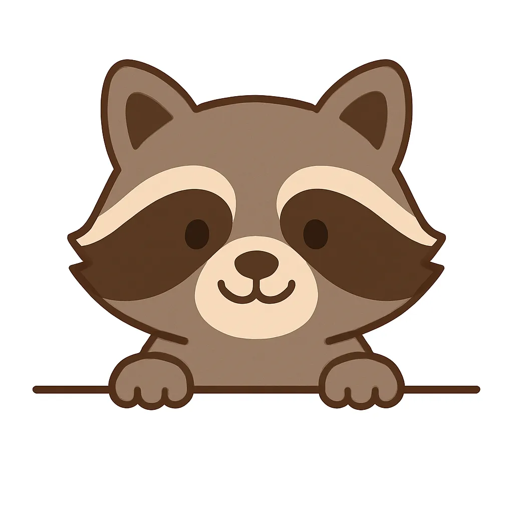 かわいい下からひょっこりたぬき｜落ち着いたブラウンの配色で描かれたたぬきが、下からひょっこりと顔を出すスタイル。アイマスクのような模様が特徴的で、ぽってりとしたフォルムと笑顔が、ほっこりとした和み感を与えるデザインです。
