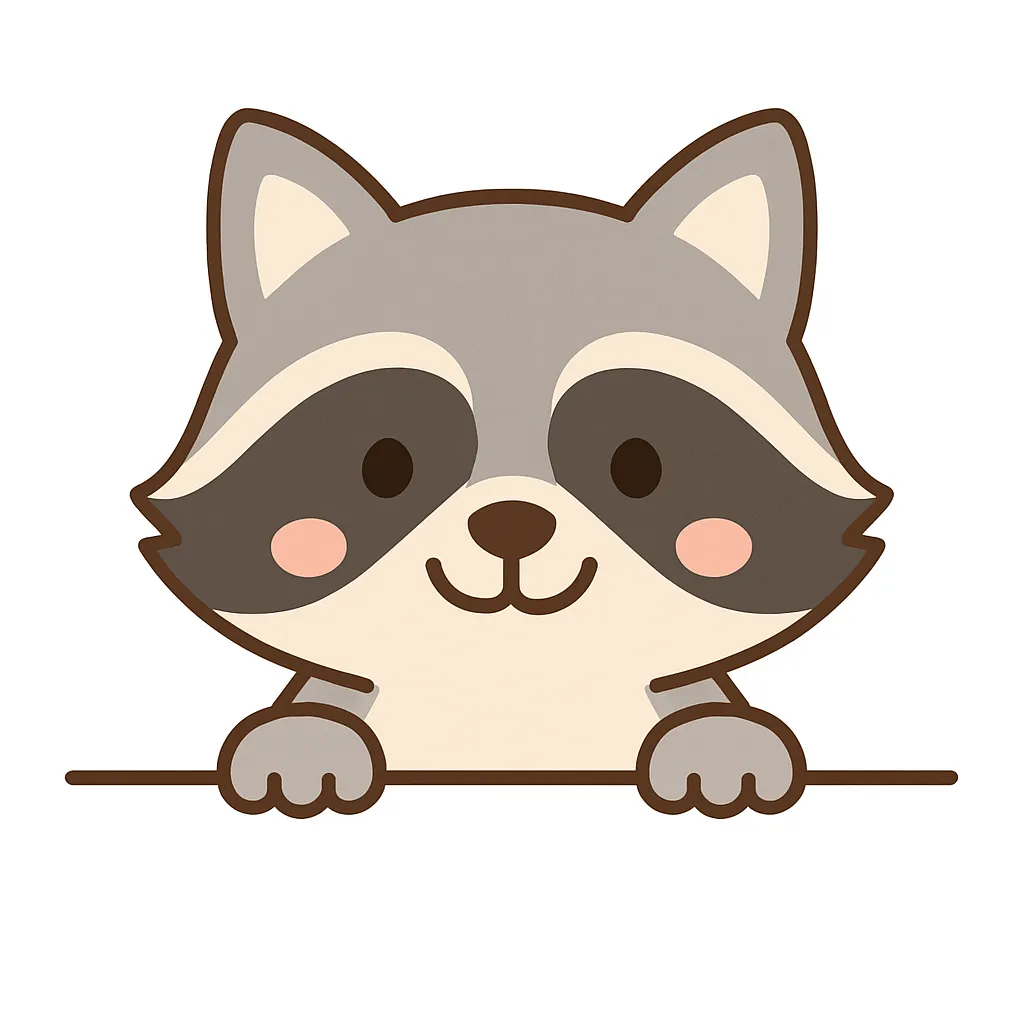 かわいい下からひょっこりアライグマ｜グレーと白の柔らかな色合いで描かれたアライグマが、にっこり笑って下からひょっこり。丸いほっぺにピンクのチークが添えられ、かわいさが一層引き立ちます。清潔感と親しみやすさを両立した仕上がりです。