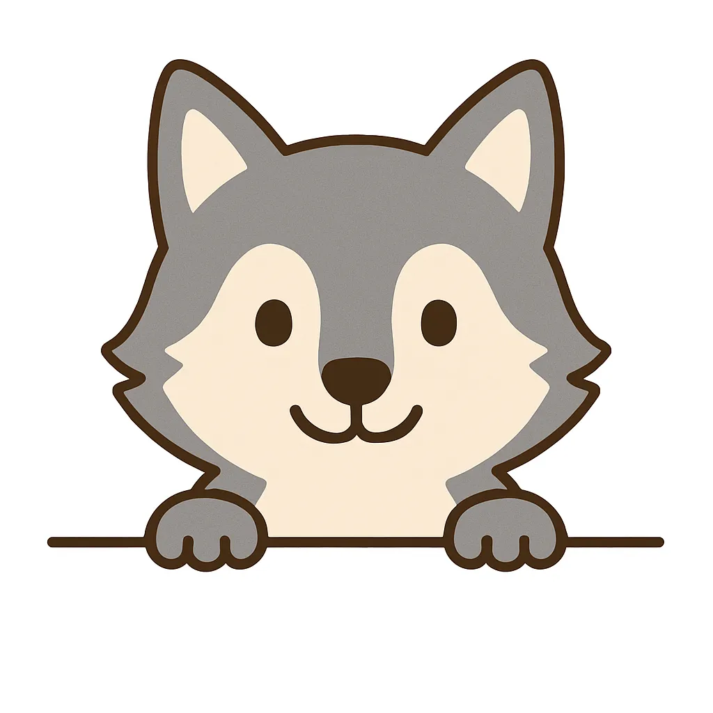かわいい下からひょっこりオオカミ｜シャープな輪郭とふわっとした毛並みが魅力のオオカミが、下からひょっこりと登場。グレーベースにクリーム色の顔立ちで、クールさとかわいらしさが絶妙に融合されたポップなデザインです。