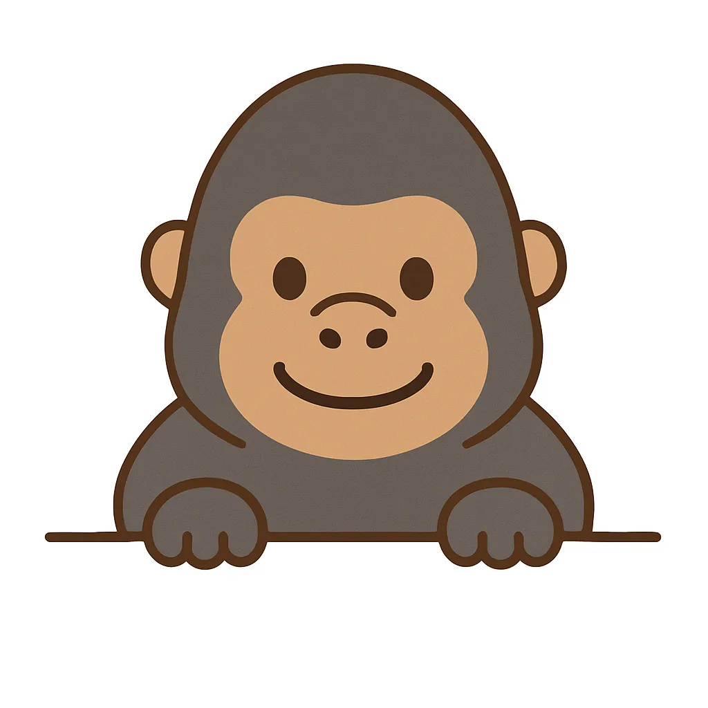 かわいい下からひょっこりゴリラ｜落ち着いたグレーブラウンの色合いで描かれたゴリラが、どっしりと構えながらも優しい笑顔でひょっこり。丸みを帯びたラインと大きな手が安心感を与え、ユーモラスであたたかい印象を演出しています。