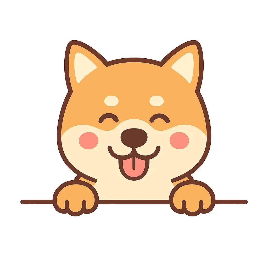 かわいい下からひょっこり秋田犬のイラスト｜秋田犬がにっこり笑顔でひょっこり顔を出す構図。丸みのあるパーツと淡い色づかいが、落ち着きと信頼感のある雰囲気を引き立てる癒し系のデザインです。
