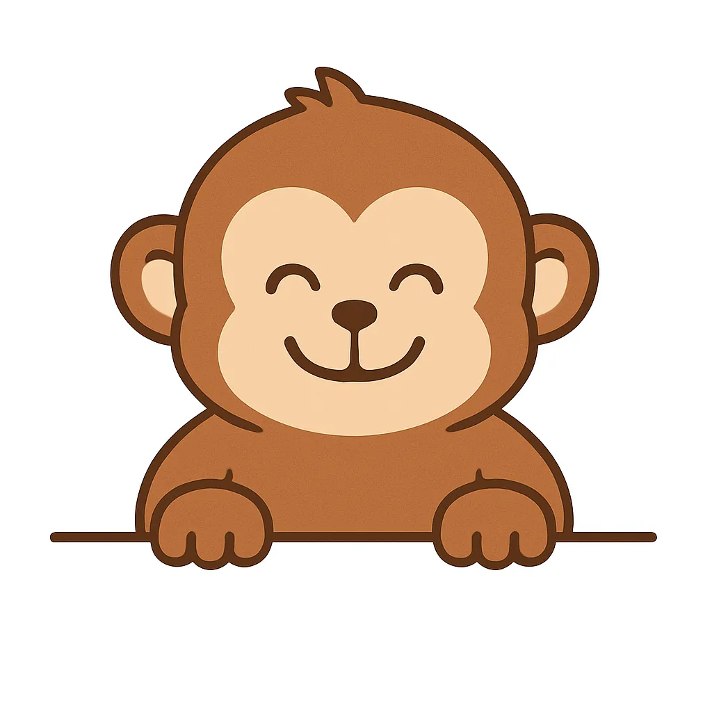 かわいい下からひょっこり猿｜明るいブラウンで描かれた猿が、元気いっぱいの笑顔で下から顔を出すデザイン。ほっぺのふくらみやおでこの毛先がアクセントになり、陽気で親しみやすいキャラクター性が前面に出たイラストです。