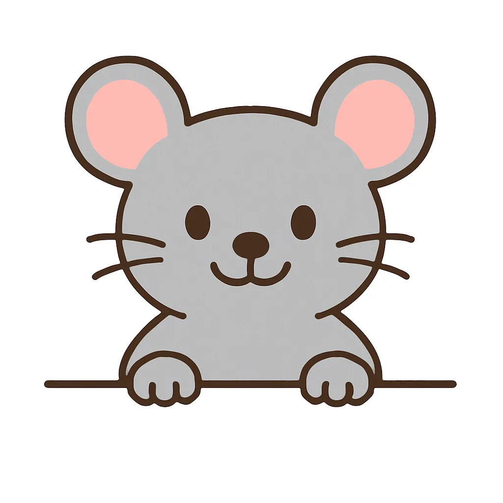 かわいい下からひょっこりねずみ｜グレーのすっきりとしたボディに、ピンクの耳がアクセントとなったねずみが下から顔をのぞかせるデザイン。丸いフォルムと優しい表情が親しみを誘い、シンプルながら印象に残るかわいらしさを演出しています。