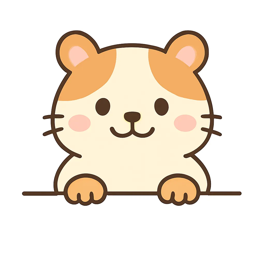 かわいい下からひょっこりハムスター｜クリーム色と茶色の配色にほっぺのピンクが映えるハムスターが、にっこり笑顔でひょっこり登場。ふっくらとしたフォルムとまんまるの手足が愛らしく、癒し系の動物キャラとして完成度の高い仕上がりです。