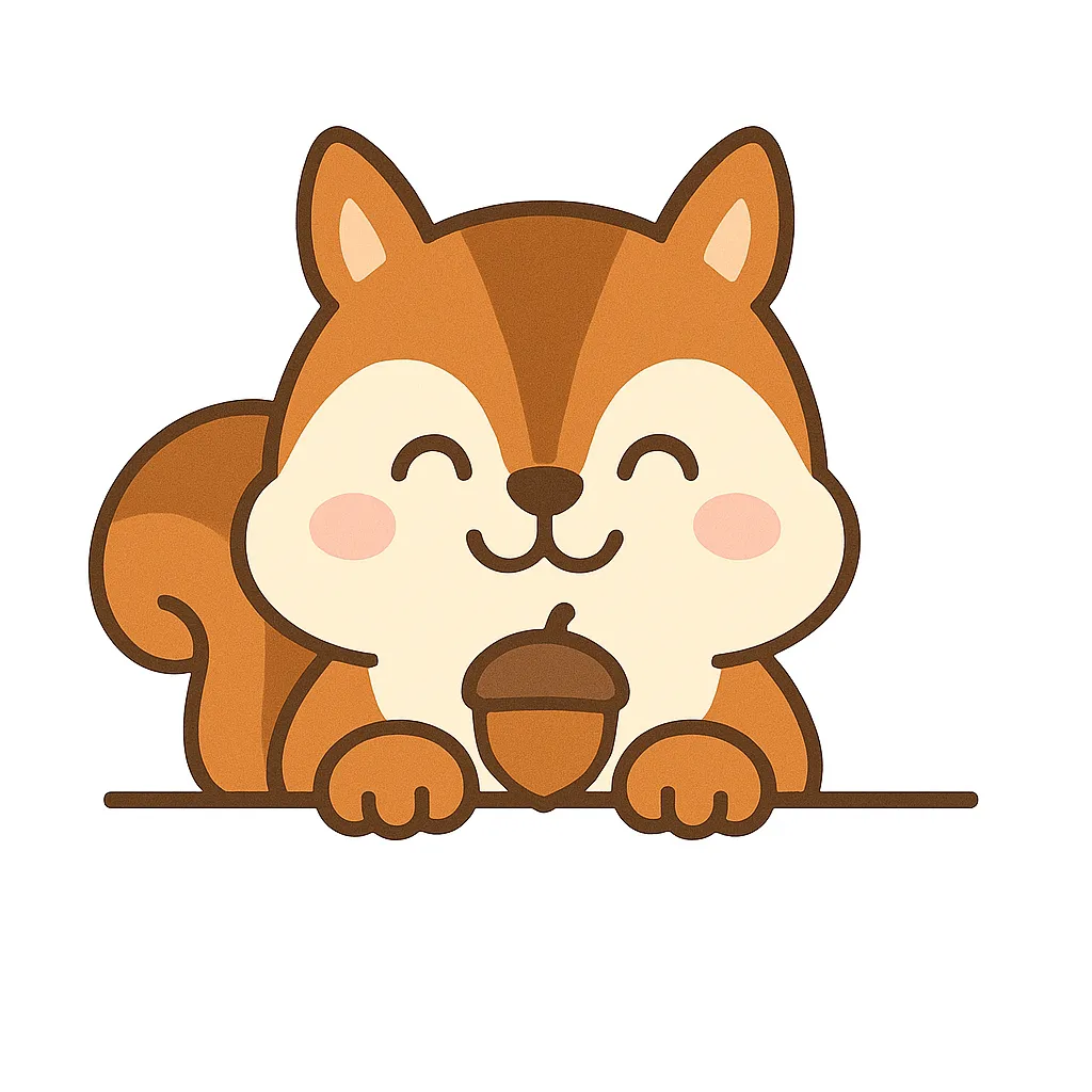 かわいい下からひょっこりリス｜にっこり笑顔のリスがどんぐりを持って下からひょっこり登場。ほっぺのピンクや大きなしっぽがかわいさを引き立て、温もりのある線と配色で秋らしい雰囲気も感じられるポップなイラストです。