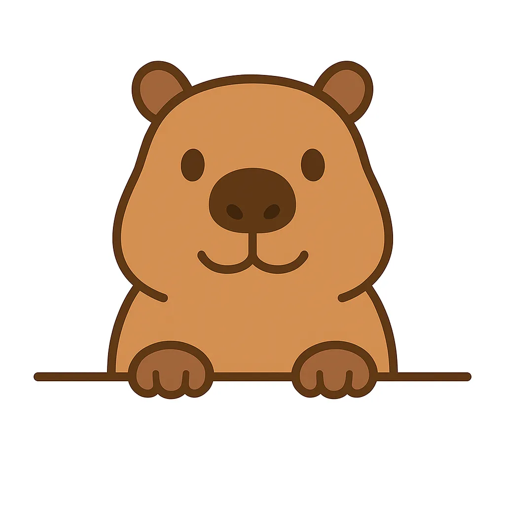 かわいい下からひょっこりカピバラ｜茶色のやわらかな輪郭で描かれたカピバラが、のんびりとした表情で下からひょっこり。素朴で安定感のあるシルエットが魅力で、見ているだけで癒されるような、ゆるっとした空気感が広がります。