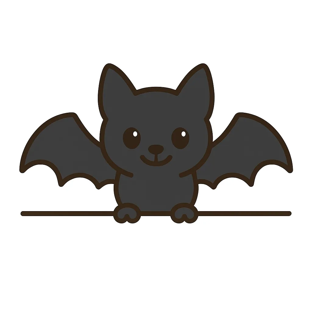 かわいい下からひょっこりコウモリ｜黒に近いグレーで統一されたコウモリが、大きな羽を広げてひょっこり登場。丸い目と優しい笑顔が夜のイメージを和らげ、ハロウィンやダークファンタジーにもマッチするかわいいキャラクターです。