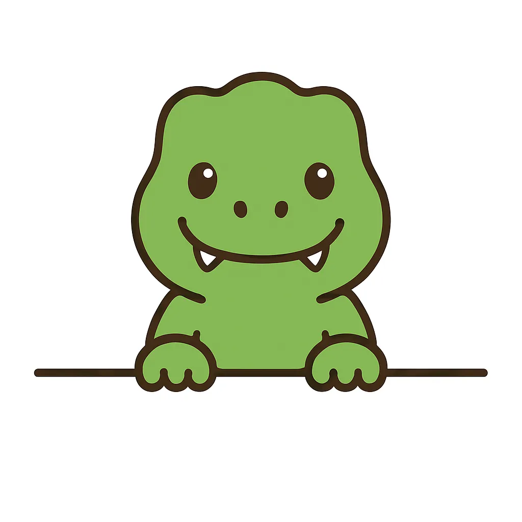 かわいい下からひょっこりティラノサウルス｜黄緑色のティラノサウルスが、にっこりとした表情で下からひょっこり顔を出すデザイン。大きな目と丸みのある輪郭、ちょこんとした手足が恐竜のイメージをやさしく和らげ、ポップでかわいい雰囲気を演出しています。