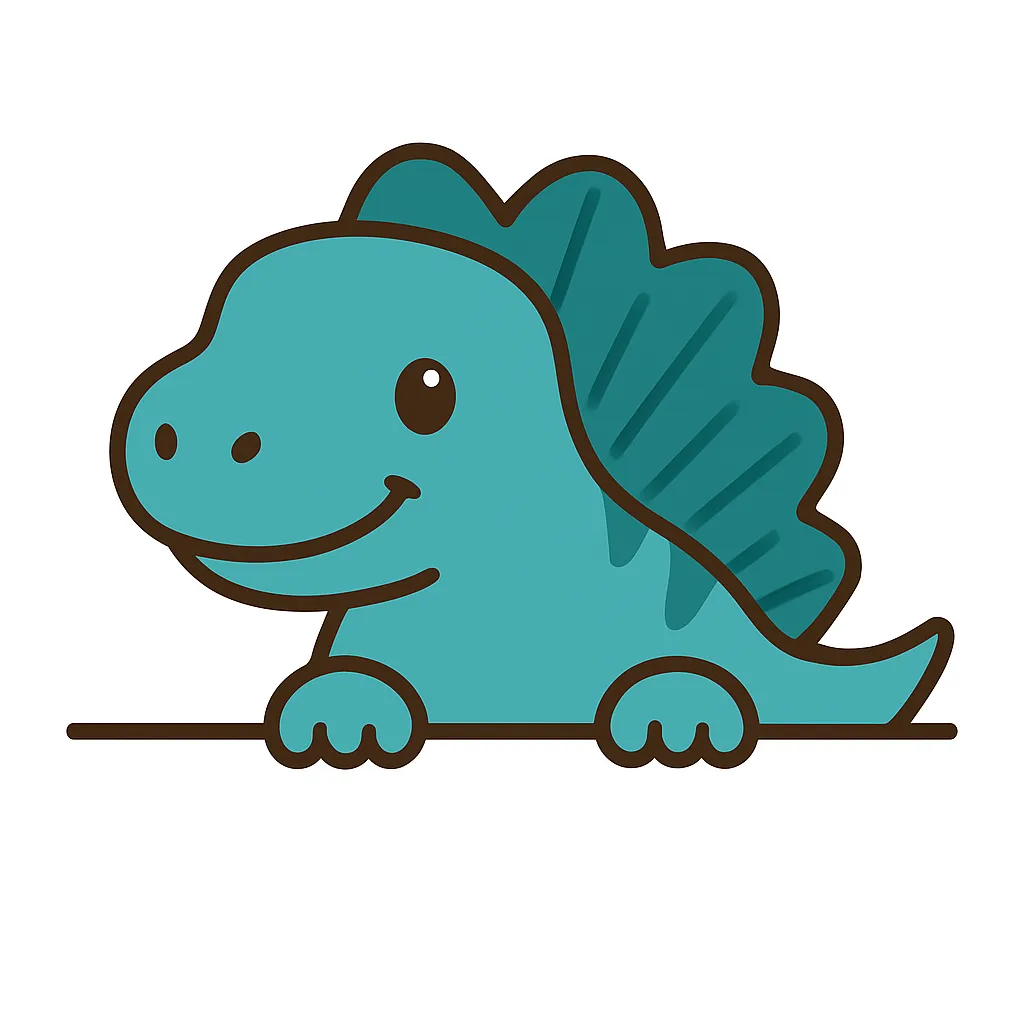 かわいい下からひょっこりスピノサウルス｜青みがかったボディに背びれが特徴的なスピノサウルスが、横から下に顔を出してひょっこり。滑らかなラインと大きなスマイルが印象的で、元気でフレンドリーな恐竜キャラとして親しまれるスタイルです。