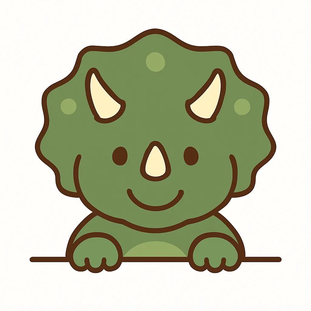 かわいい下からひょっこりトリケラトプス｜深緑のトリケラトプスが、下から堂々と顔をのぞかせるシンプルかつ存在感のあるデザイン。角やフリルもやわらかいタッチで描かれており、優しく穏やかな雰囲気が魅力のかわいい恐竜イラストです。