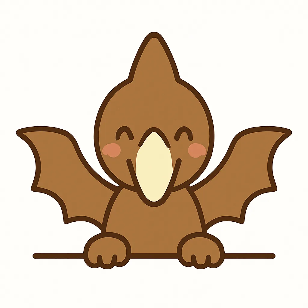 かわいい下からひょっこりプテラノドン｜ブラウン系のプテラノドンが羽を広げて下からひょっこり顔を出す、動きのある構図。長いくちばしとチークのピンクがチャームポイントで、空を飛ぶ恐竜ながらも親しみやすい印象を与える表情です。