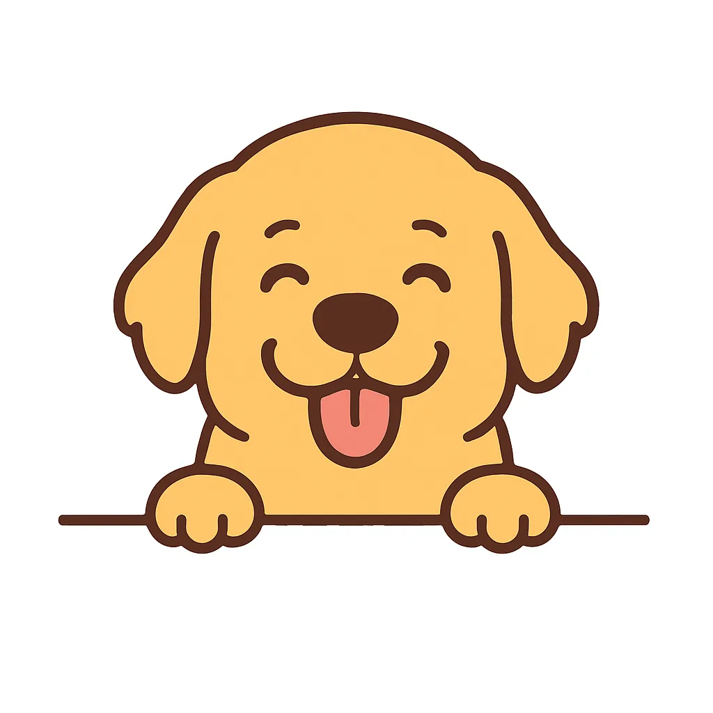 かわいい下からひょっこりゴールデンレトリバーのイラスト｜ゴールデンレトリバーが舌を出して優しい笑顔でひょっこり。落ち着いた配色とふんわりした輪郭線で、穏やかで包容力のある雰囲気を表現しています。