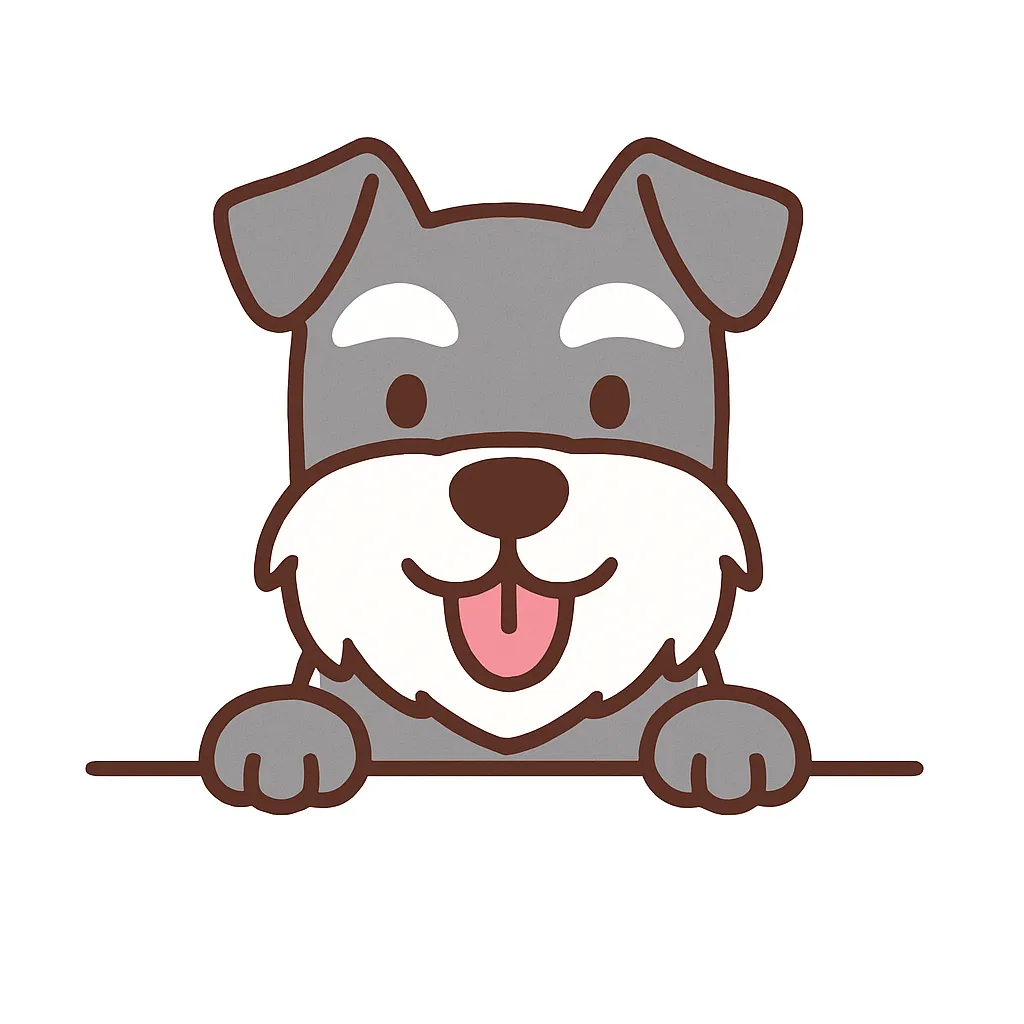 かわいい下からひょっこりシュナウザーのイラスト｜シュナウザー特有の眉と口ひげがキュートに描かれたイラスト。グレーと白のバランスがスタイリッシュで、元気さと知的さが感じられるデザインです。