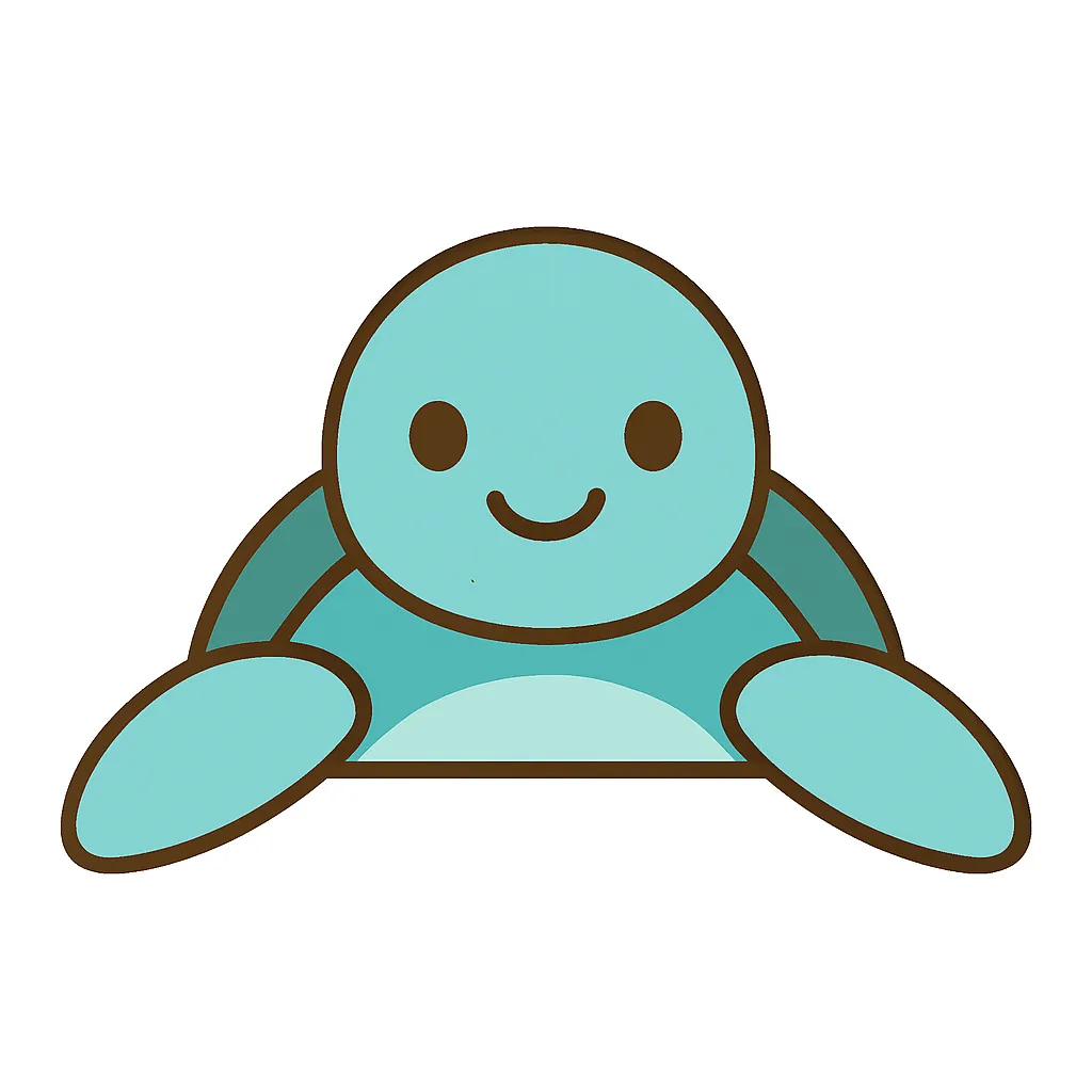 かわいい下からひょっこりウミガメ｜水色を基調としたウミガメが、フレンドリーな笑顔でひょっこり。シンプルな形と大きな手足のデフォルメ感が、親しみやすく爽やかな印象を与えます。