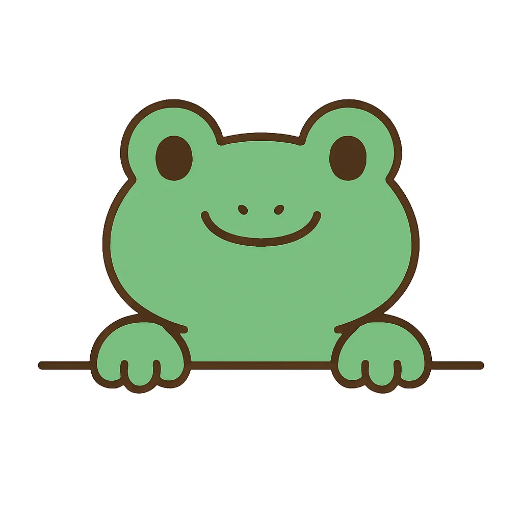 かわいい下からひょっこりカエル｜まんまるな目とにっこり口元が特徴的なカエルが、下からちらり。黄緑の一色塗りに近いシンプルな配色で、見ているだけでほっこり癒されるデザインです。