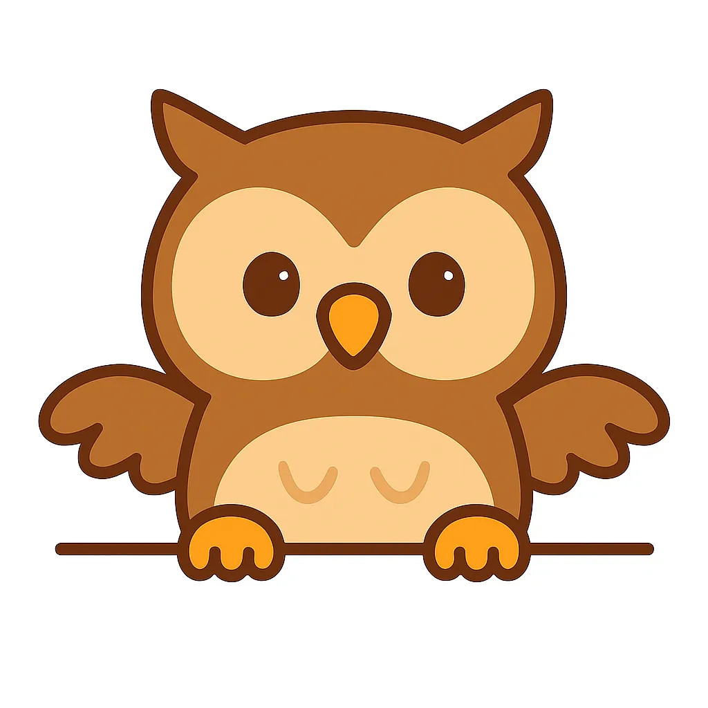 かわいい下からひょっこりフクロウ｜丸い目が印象的なフクロウが、落ち着いた茶系カラーで下から登場。ふっくらとした体型と左右の羽の開きが安心感と親しみを感じさせるデザインです。