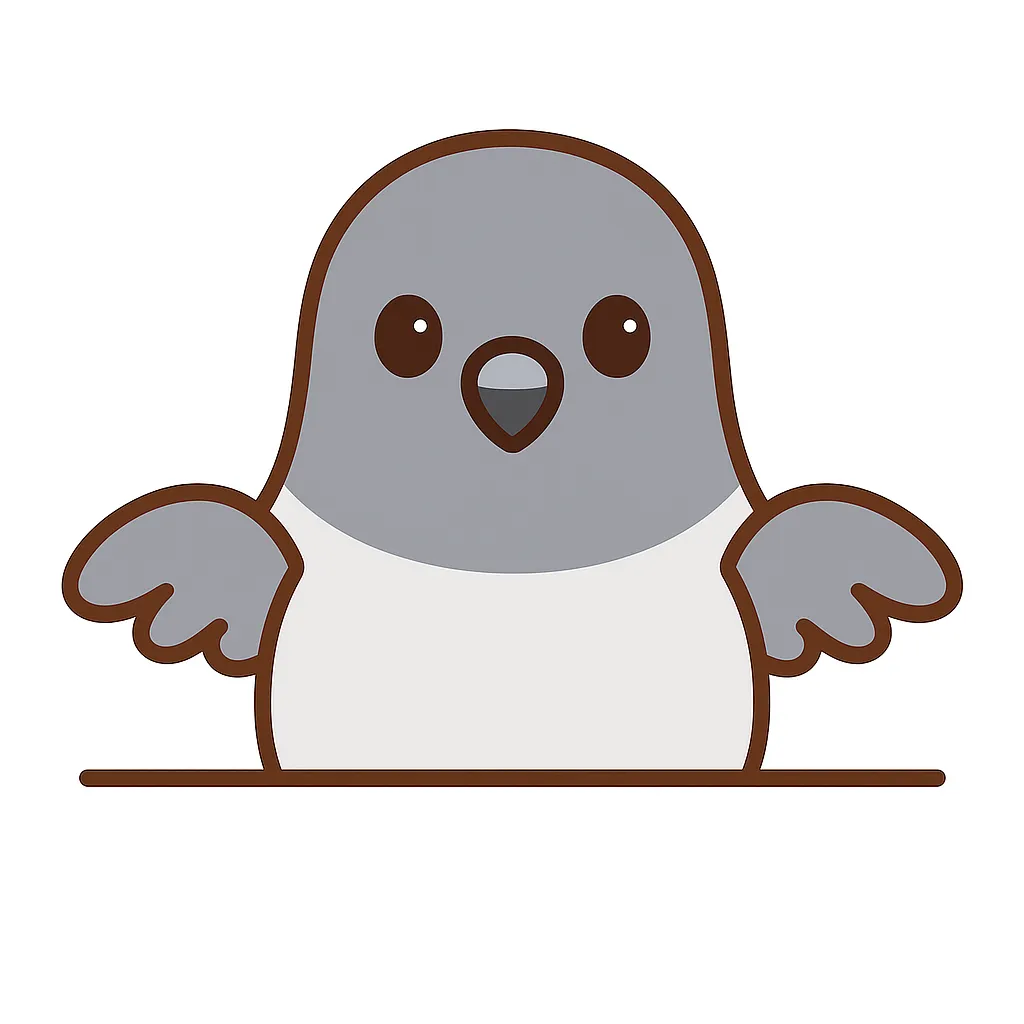 かわいい下からひょっこりハト｜グレーと白の落ち着いた配色のハトが、穏やかな表情でひょっこり。小さく広げた羽が控えめで、シンプルながらも平和でほのぼのとした印象を与えます。