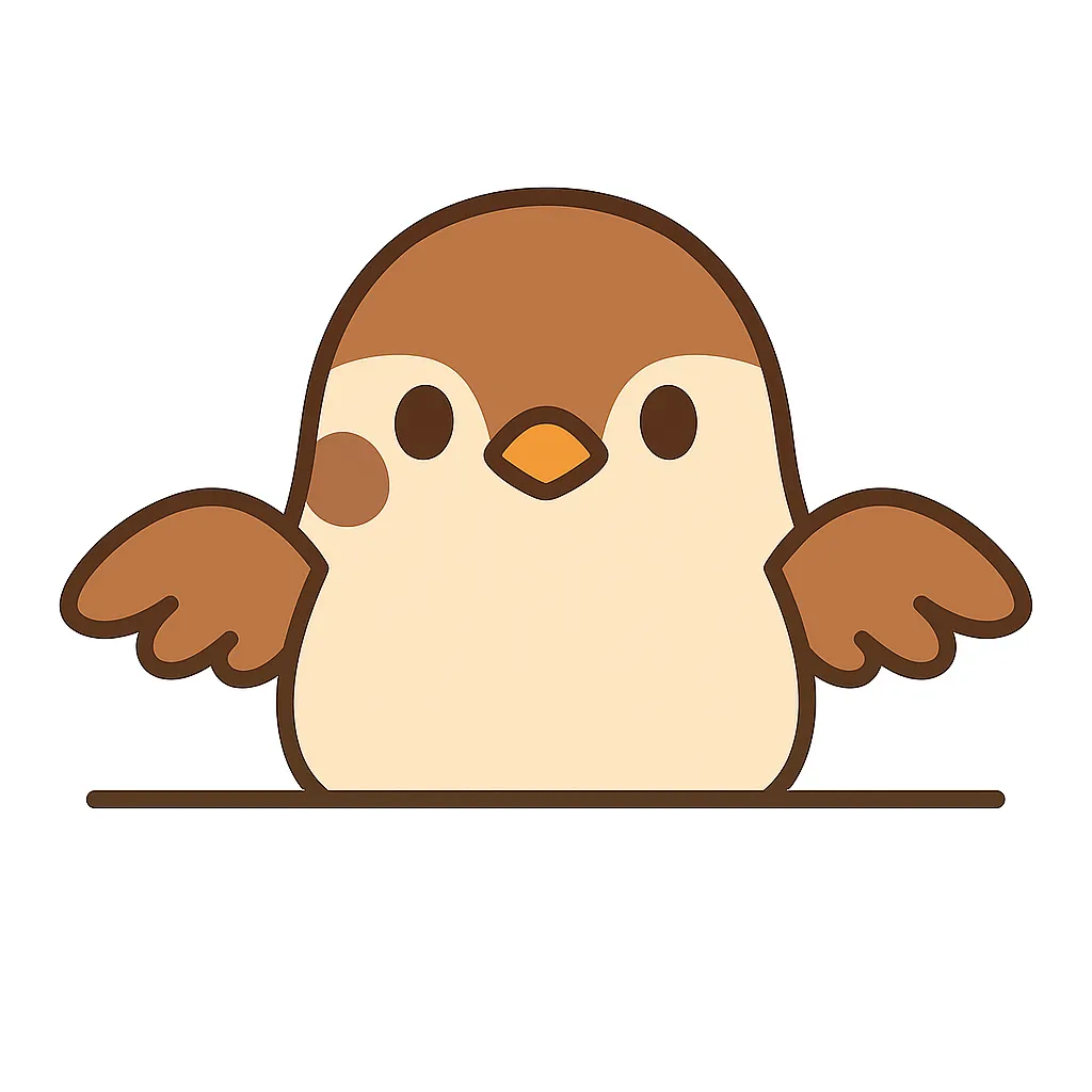 かわいい下からひょっこりスズメ｜ふんわりとした茶系の色合いで描かれたスズメが、下からちょこんと顔を出します。丸みのあるフォルムとつぶらな瞳が親しみを誘う素朴なかわいさ。