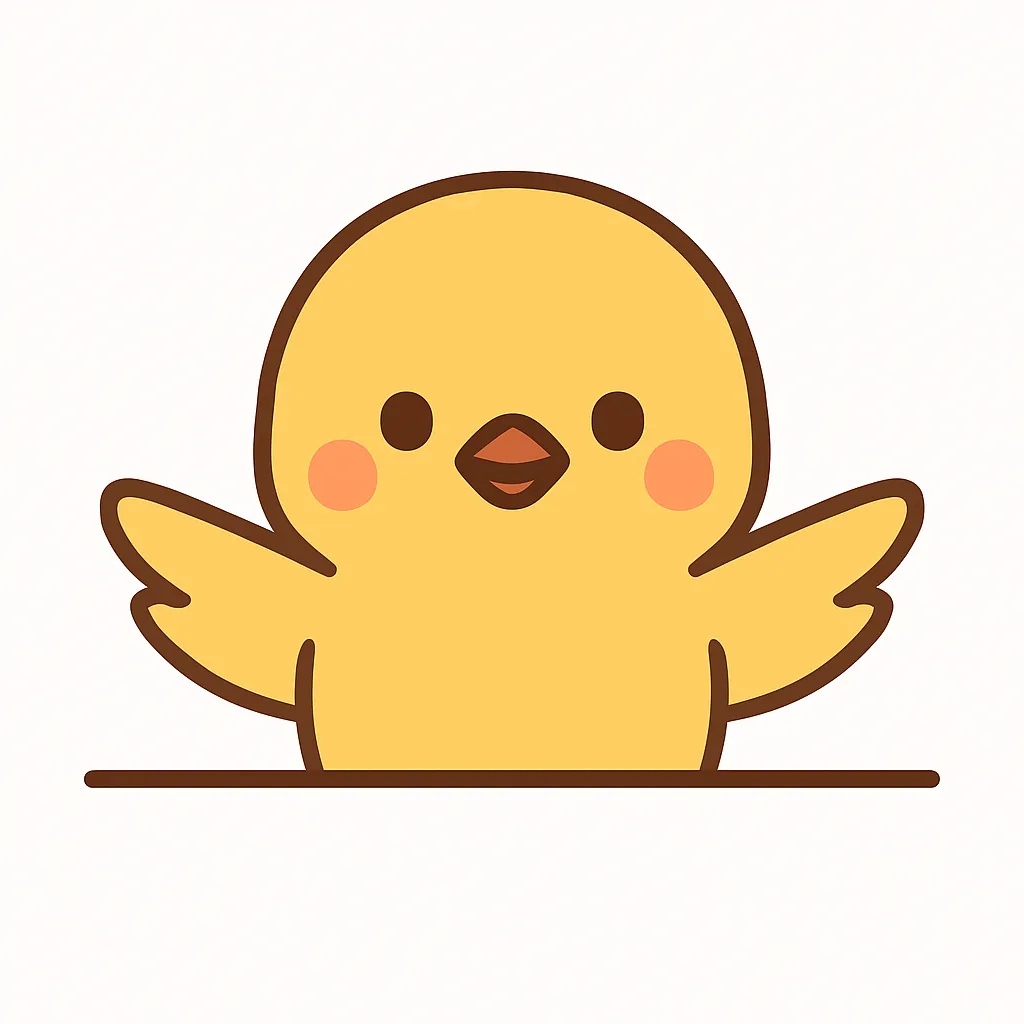 かわいい下からひょっこりひよこ｜パステル調の黄色がやさしいひよこが、ニコッと羽を広げて登場。まるい顔とピンクのほっぺがキュートで、あたたかくやわらかい雰囲気に包まれています。
