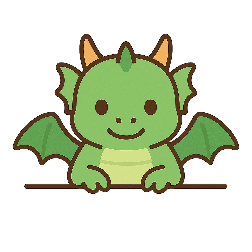 かわいい下からひょっこりドラゴン｜緑の小さなドラゴンが、ニッコリ笑顔で下から登場。柔らかな色使いと丸みのあるフォルムで、怖さのないファンタジックで親しみやすい印象に仕上がっています。
