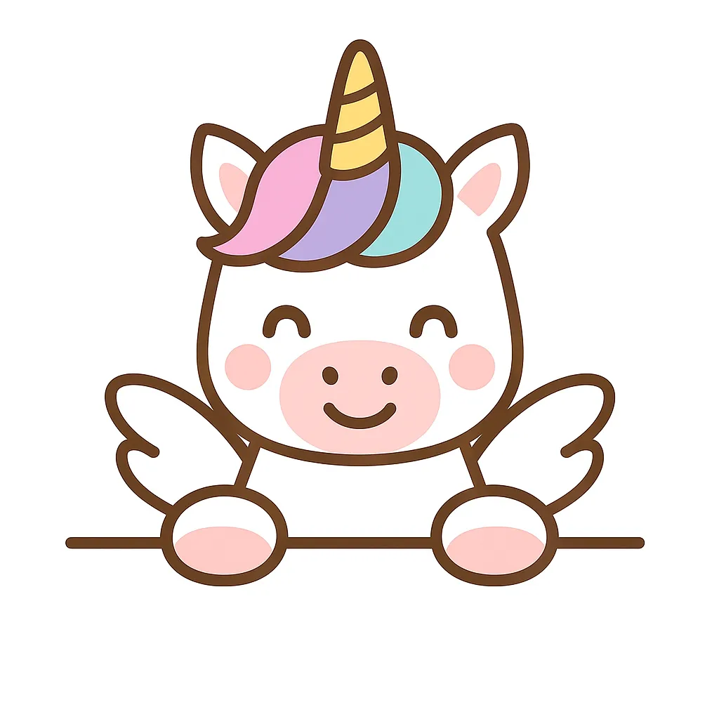 かわいい下からひょっこりユニコーン｜虹色のたてがみが魅力的なユニコーンが、やさしい笑顔で登場。白とパステルを基調にした配色で、夢見るようなメルヘン感がふんわり漂う仕上がりです。