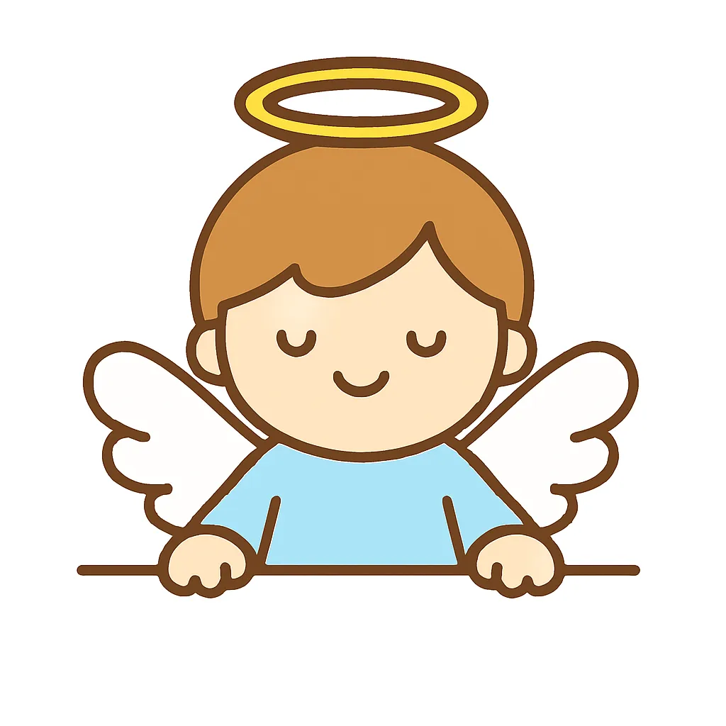 かわいい下からひょっこり天使｜淡い色合いの天使が目を閉じて微笑みながらひょっこり。丸顔と金の輪がポイントで、やさしさと安心感あふれる癒し系のビジュアルになっています。