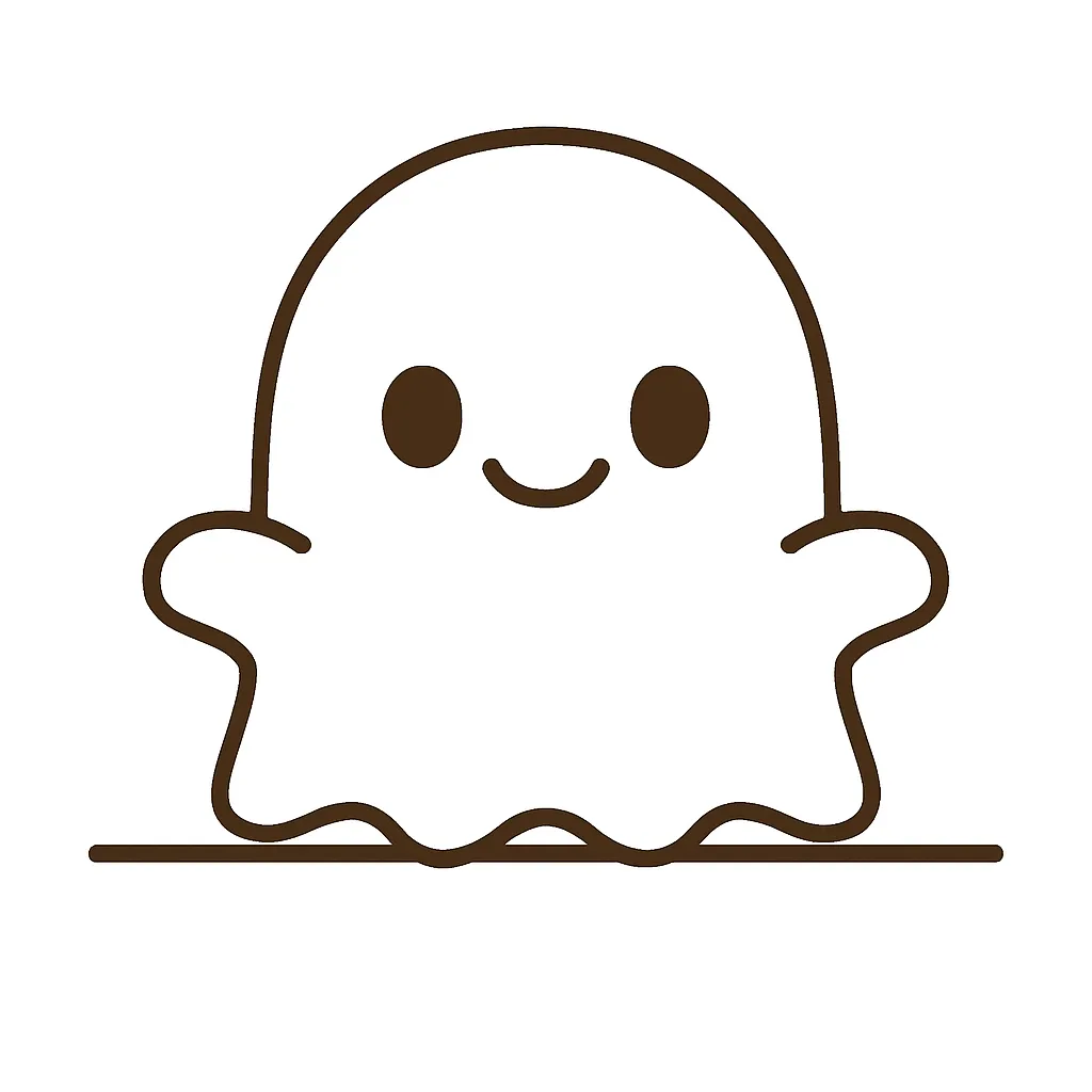 かわいい下からひょっこりおばけ｜シンプルな線だけで描かれたおばけが、にこやかにひょっこり。色を使わないモノトーンの構成がユニークで、怖くないかわいい存在として描かれています。