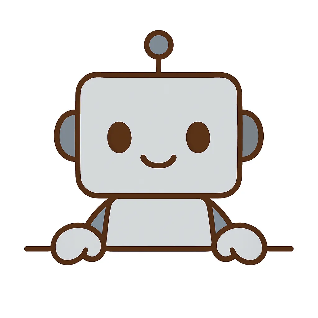 かわいい下からひょっこりロボット｜四角い顔が印象的なロボットが、やさしく微笑みながら登場。グレートーンと丸い目のデザインが、未来的ながらもどこかあたたかみのある印象を与えます。
