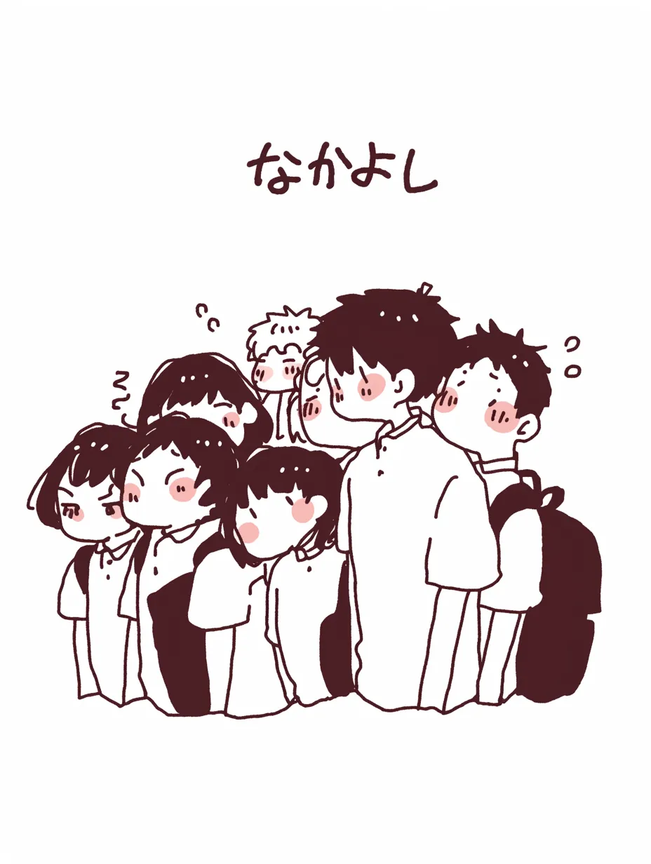 かわいい仲間・ぎゅっと集まる友人たち｜手描きの風合いが感じられる、寄り添うように集まった仲間たちのイラスト。モノクロに近い色使いが、温かく優しい雰囲気を演出している。