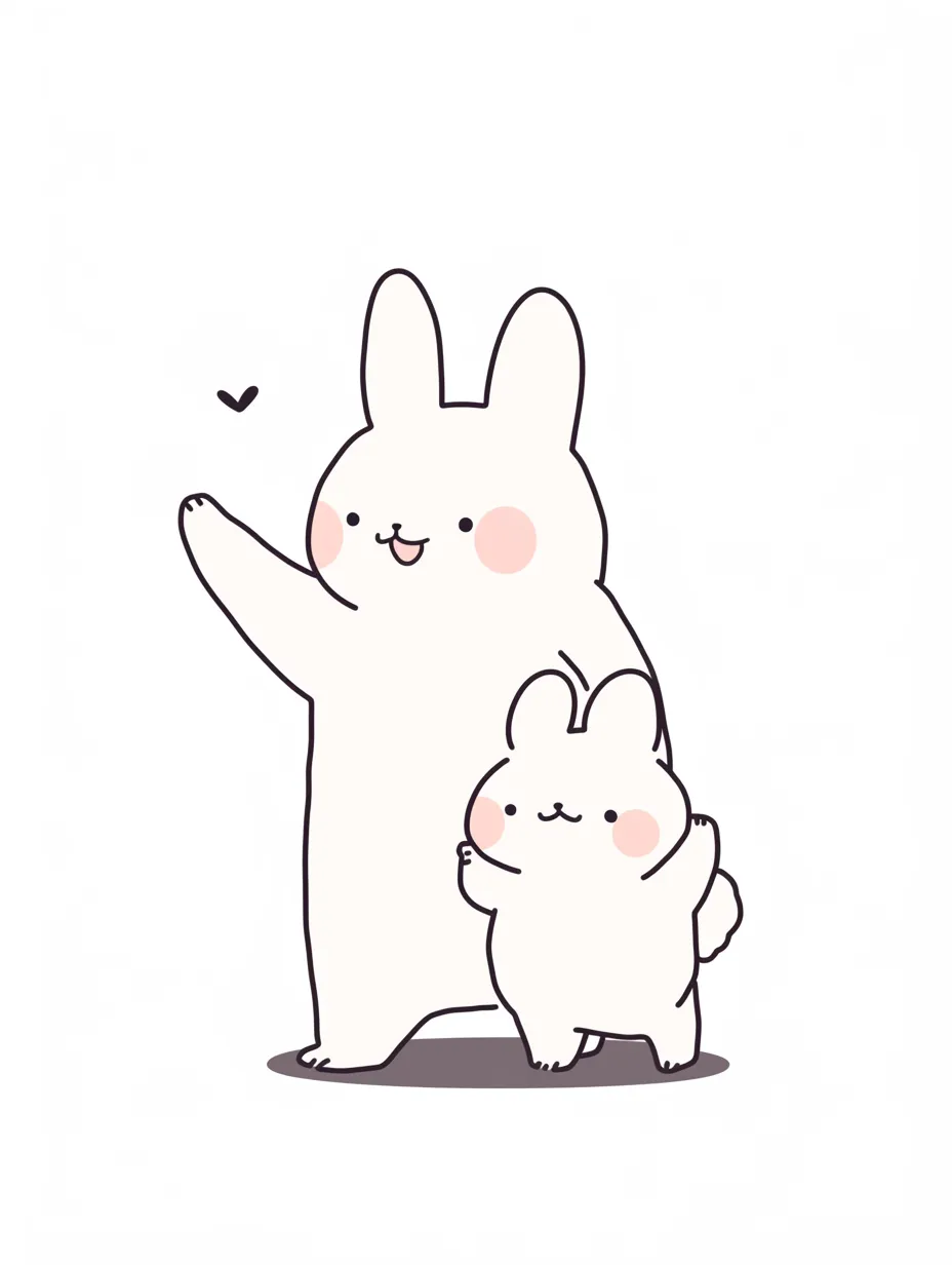 かわいい仲良しうさぎ親子のポーズ｜大きなうさぎと小さなうさぎが並んでポーズを決める、ほっこりするイラスト。シンプルなタッチと柔らかい色合いが温かみを演出し、ふんわりとした雰囲気が、かわいい仲良しな親子の絆を伝えてくれる。