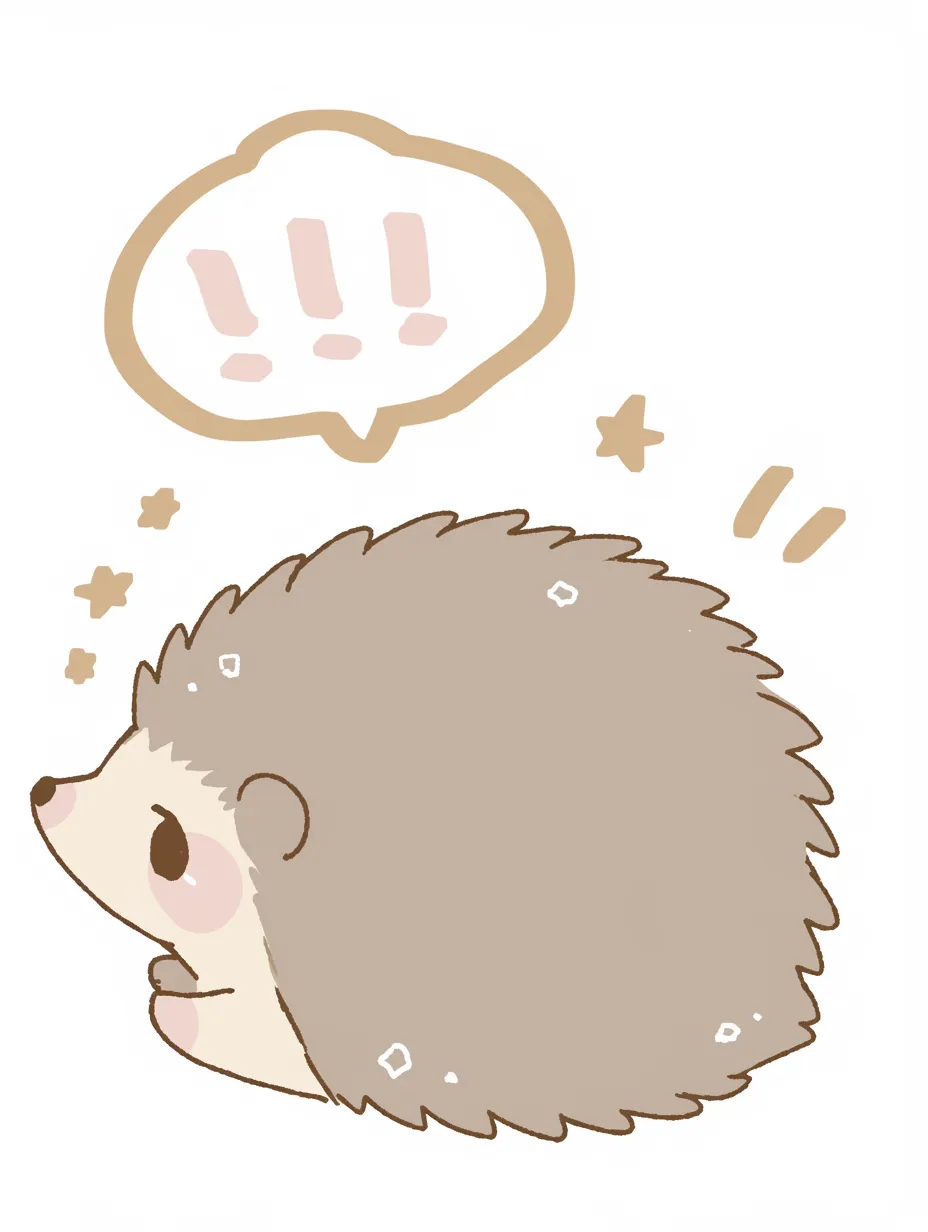 かわいいはりねずみのびっくりリアクション｜ふんわりとしたタッチとパステル調の色彩が魅力のイラスト。驚きの表情を浮かべるはりねずみが、可愛らしさとユーモアを兼ね備えたデザインに仕上がっている。