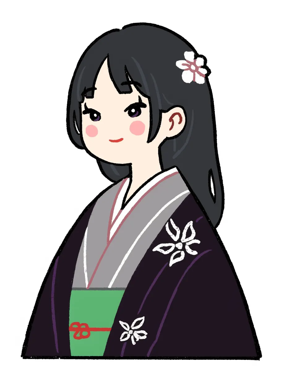 かわいい歴史・華やかな和装の女性｜柔らかな色合いと優雅なデザインで描かれた、和装の女性のかわいい歴史イラスト。落ち着いた表情と花飾りが上品な雰囲気を醸し出し、伝統の美しさを感じさせる。