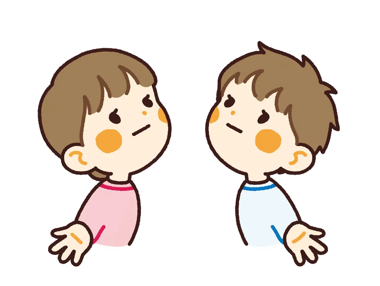 双子のような子どもたち かわいい上を向く｜シンプルで温かみのあるイラスト。ほっぺが丸く色づき、やわらかい線で描かれた子どもたちが上を向いている。優しい雰囲気で親しみやすく、かわいい上を向く姿が印象的。