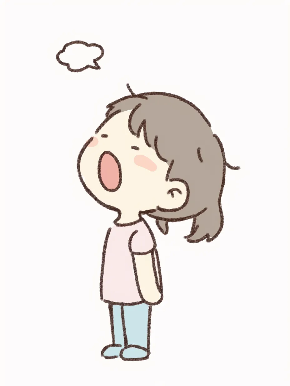 寒空に息をはく女の子 かわいい上を向く｜手描き風のやさしい線と落ち着いた色彩が魅力的なイラスト。冷たい空気の中で息をはく女の子の姿が、穏やかで心温まる雰囲気を演出。かわいい上を向く表情が自然に描かれている。