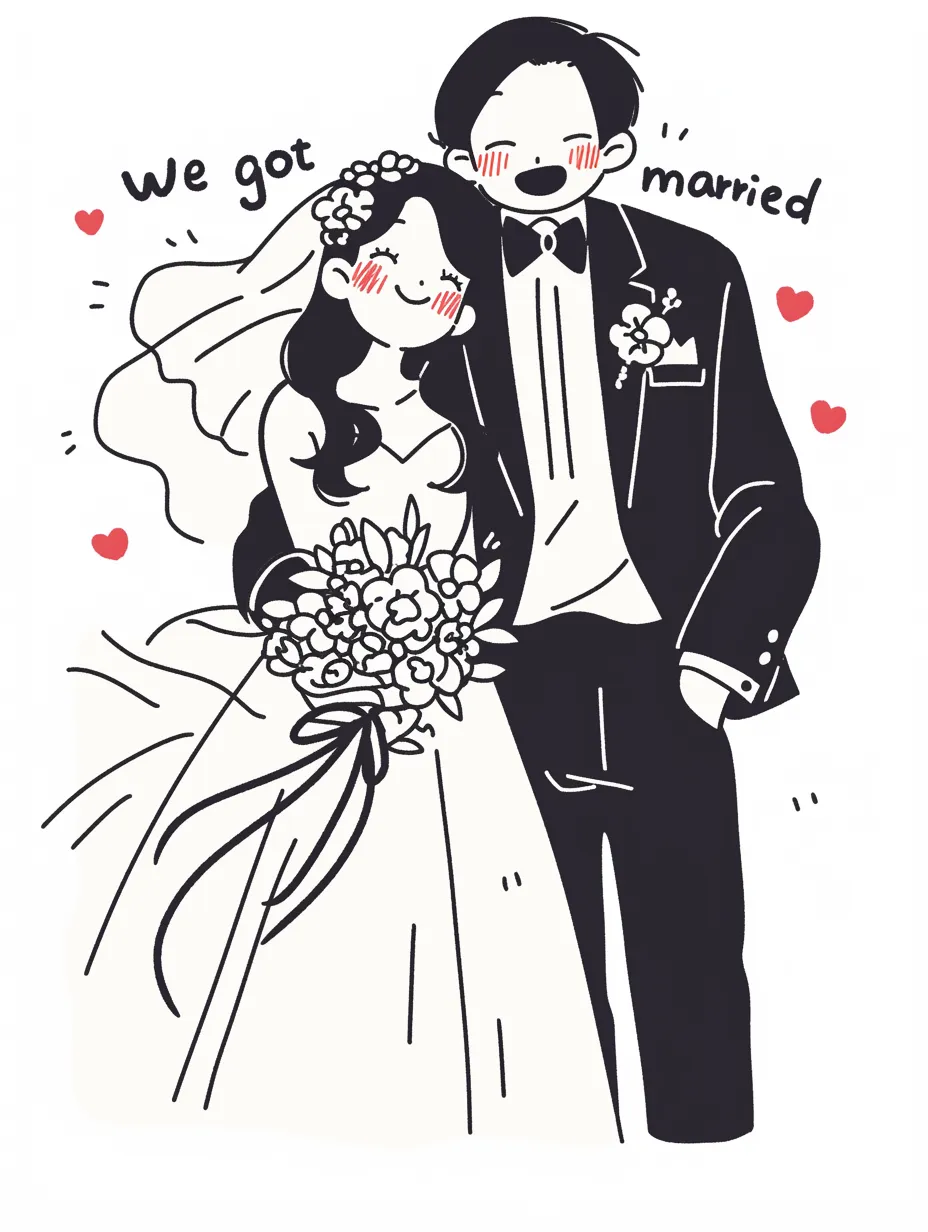 かわいい結婚・ロマンチックな抱擁｜黒と白のシンプルな配色で描かれた新郎新婦のイラスト。笑顔で寄り添いながら、幸せなひとときを感じさせるデザイン。手描き風のフォントとハートの装飾が加わり、かわいい結婚の優しさと温かさを引き立てている。