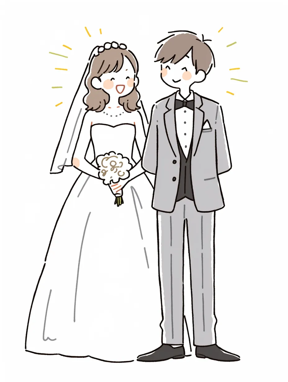 かわいい結婚・輝く新郎新婦｜ナチュラルな色彩とシンプルな線画で描かれた新郎新婦のイラスト。ふたりの笑顔が輝き、楽しい雰囲気が伝わるデザイン。温かみのあるタッチが魅力的で、かわいい結婚の喜びと幸せが詰まった作品になっている。