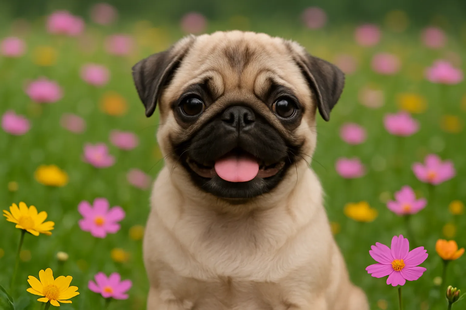 フォトリアルなパグ子犬の花畑ショット｜まんまるな瞳とむちっとした体つきが可愛いパグの子犬。春の花畑に囲まれた小さな体がより一層キュートに映え、好奇心たっぷりの表情が印象的です。背景のソフトなボケが子犬の魅力を際立たせています。