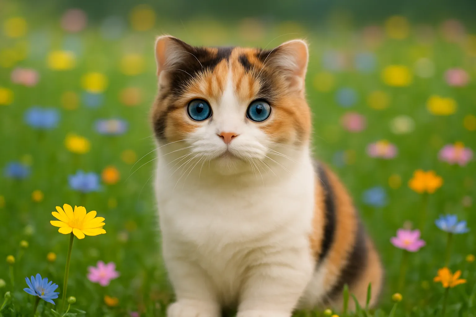 花畑でのマンチカン三毛猫｜三毛柄の愛らしいマンチカンが、カラフルな花畑に溶け込むように座っており、優しい眼差しが印象的です。毛色のバランスと背景の花の色が自然に調和し、見ているだけで和むようなやわらかな空気を感じられる一枚です。