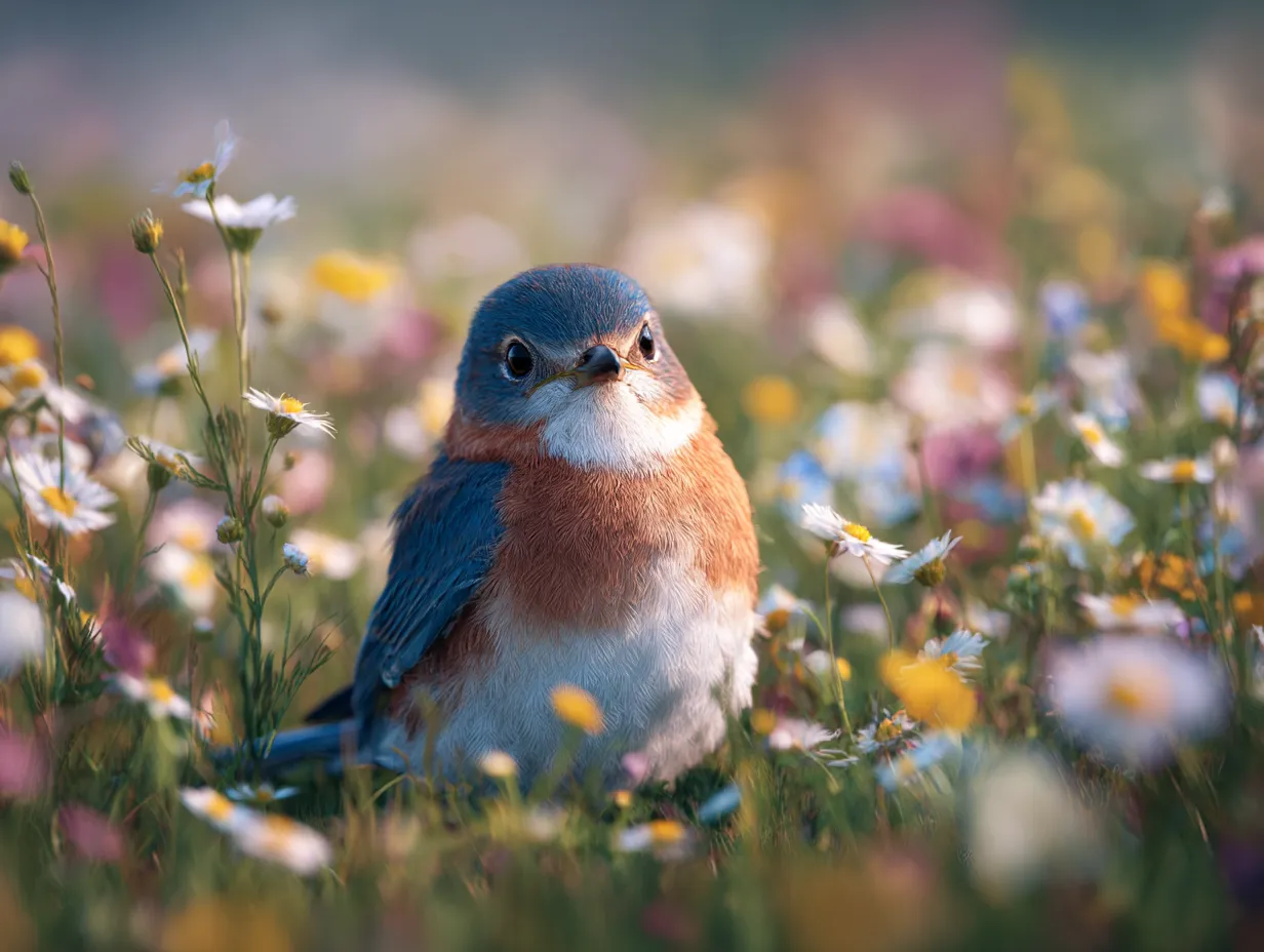 青い鳥の花畑の撮影画像｜柔らかな朝の光で彩った花々の前景とボケ味が際立ち、青い鳥が瑞々しい羽色を引き立てる柔焦点のポートレート風アート。