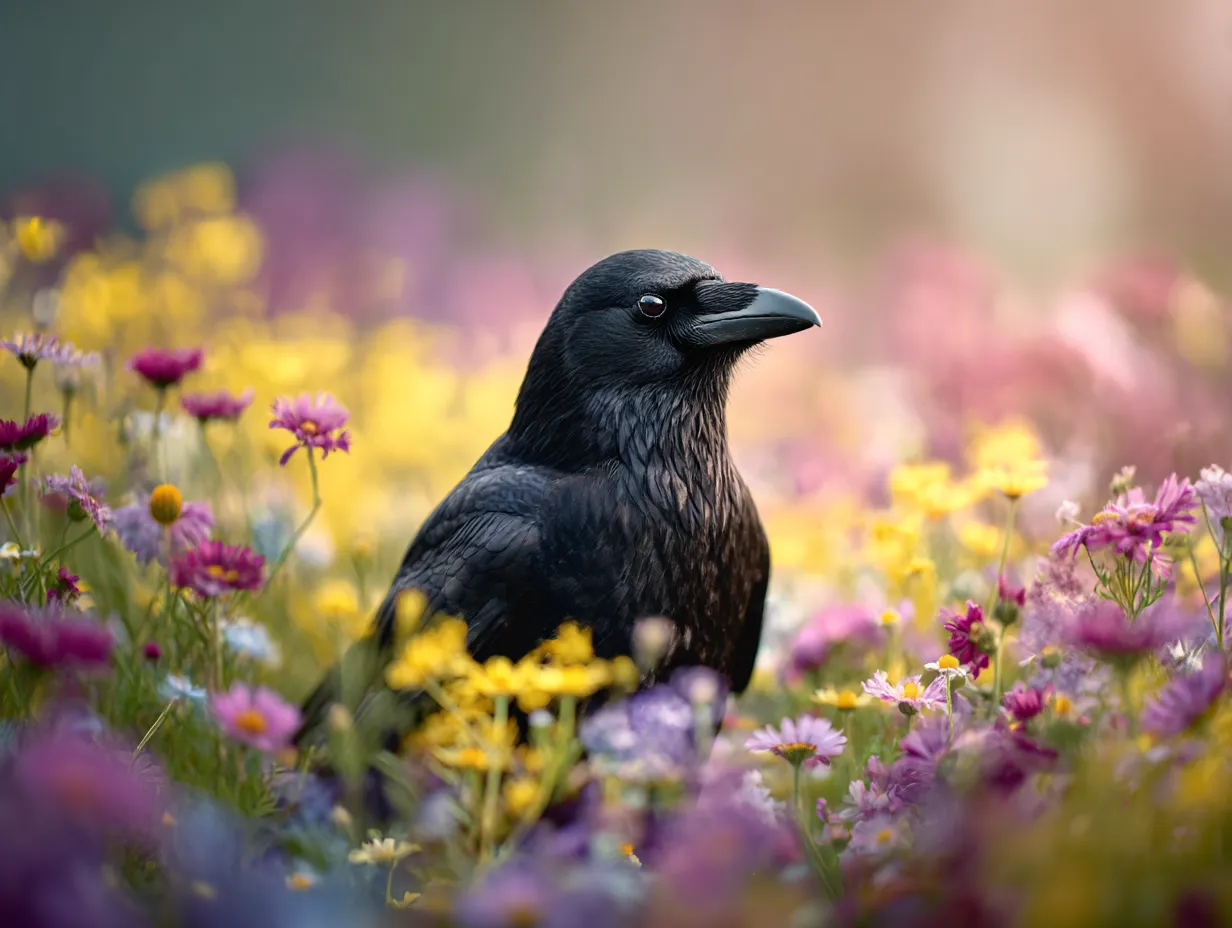 カラスの花畑の撮影画像｜艶やかな黒い羽が咲き誇る花々と対比し、神秘的で物語性のある雰囲気を醸し出すドラマティックナチュラル調の構図。