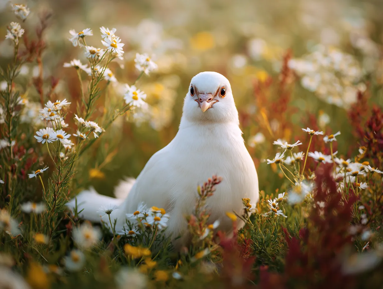 白い鳥の花畑の撮影画像｜夕暮れの暖色グラデーションが白い鳥の滑らかな羽質感を照らし、クラシカルレンズ調の優雅で静謐な雰囲気を醸し出す。
