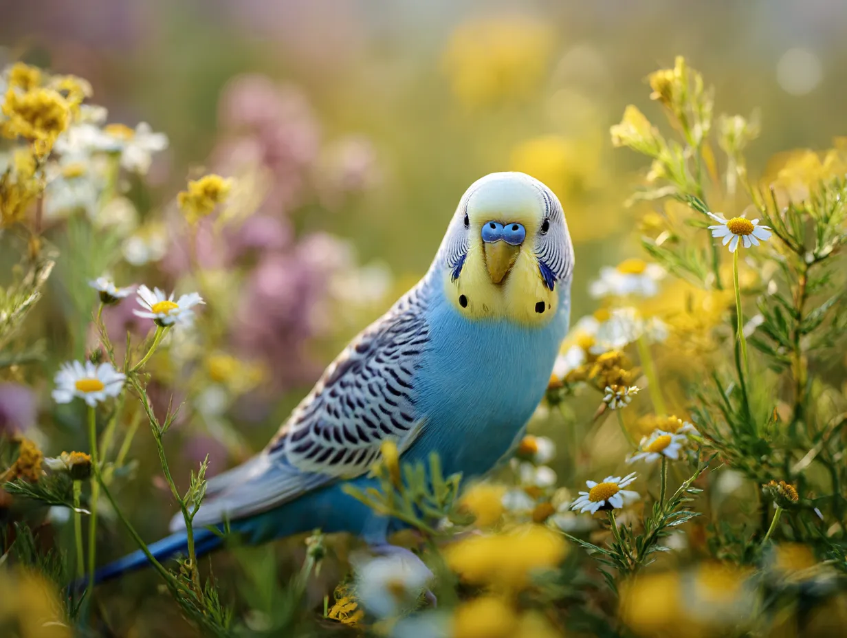 セキセイインコ花畑の撮影画像｜鮮やかなブルーのセキセイインコが補色の黄色い小花に映え、浅い被写界深度が滑らかなバイカラー背景を生む、ポップでスタイリッシュなガーデンポートレート